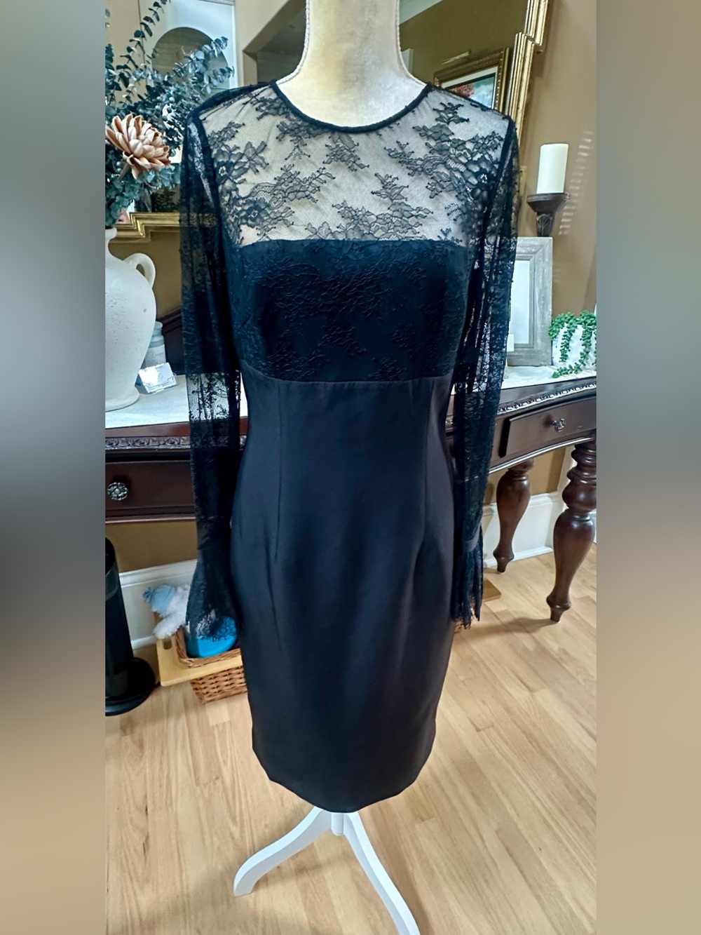 David Meister Black Lace Long-Sleeve Sheath Dress